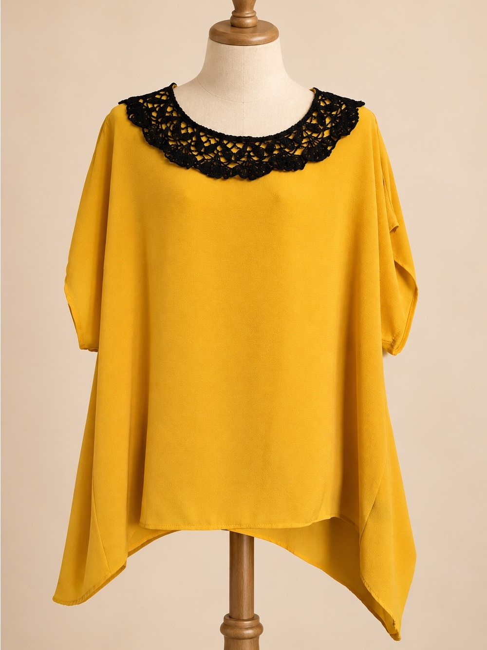 Mustard Yellow Tunic Top with Black Crochet Neckline
